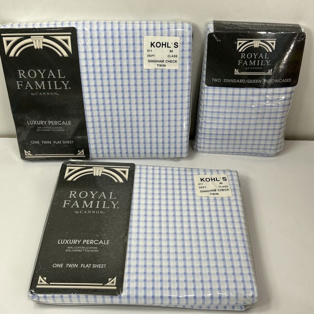Vtg Royal Family Cannon 2 Twin Flat Sheet 2 Queen Pillowcase Blue Gingham NOS